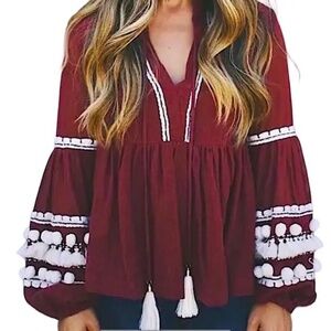 Vineet Bahl Anthropologie Nisha peasant top burgundy, balloon sleeves, poms Mh